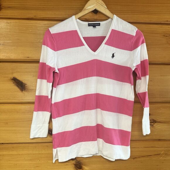 Ralph Lauren Sweater Nautical V Neck Striped Medium Magenta White 100% Cotton - Picture 1 of 4